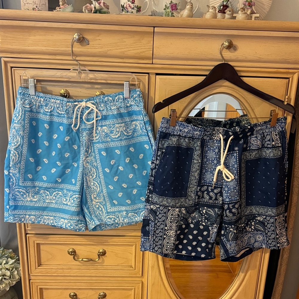 Blue and Navy Paisley Bandana Print Shorts